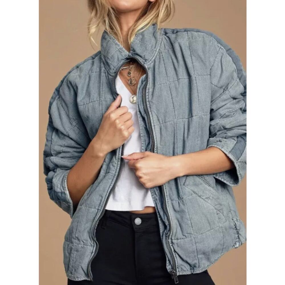 Free People Dolman Quilted Knit Jacket Oversized Coat sz S Denim Chambray Cotton - Picture 14 of 16